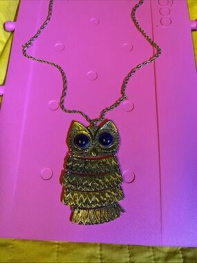 Source Unknown Gold Owl Pendant Necklace with Blue Eye Accents
